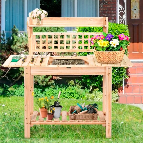 Costway Garden Potting Bench Workstation Table w_Sliding Tabletop Sink Shelves – Image 2