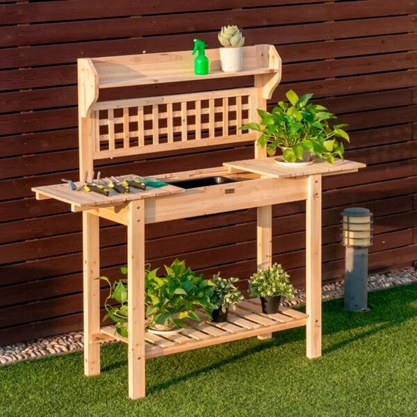 Costway Garden Potting Bench Workstation Table w_Sliding Tabletop Sink Shelves – Image 3